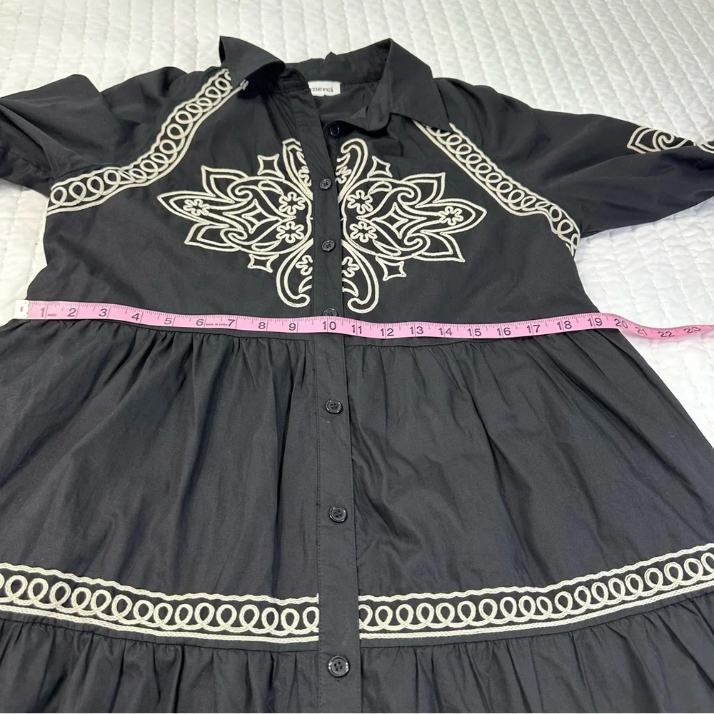 Elegant Button Down Black and Cream Embroidered Long Puff Sleeve Mini Dress - Picture 8 of 16